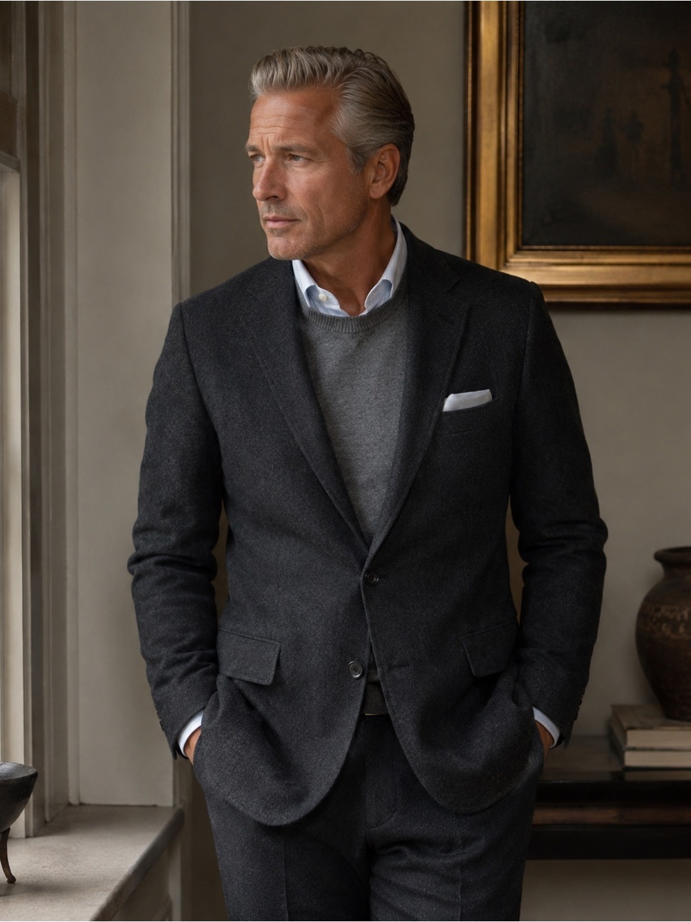 Arnold Brant Mens Cashmere Blazer 44L Charcoal Gray Flannel 2 Button Sport Coat